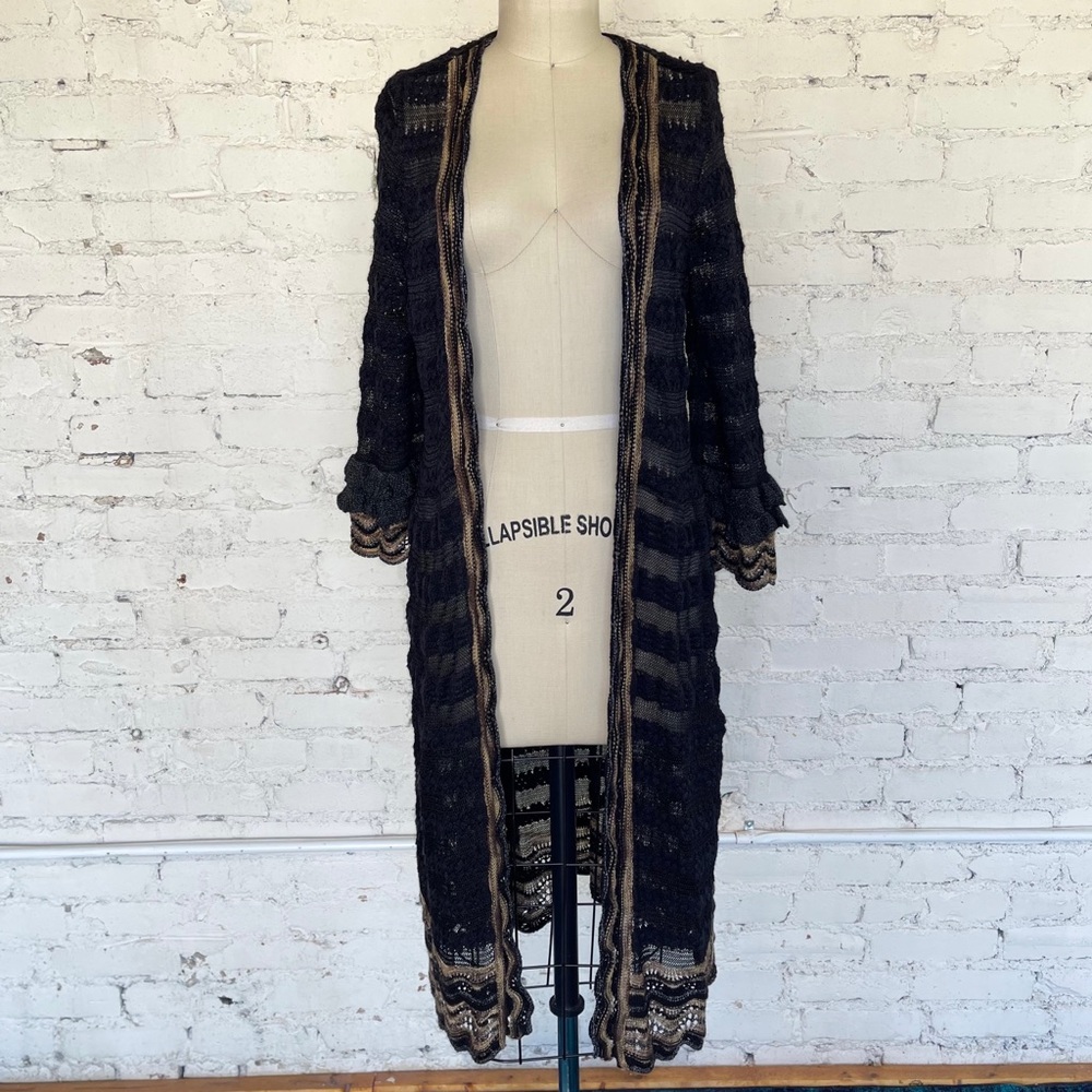NWT Chico's Black Elizabeth Ruffle Cardigan Sweater Sz 0 SMALL $119 Sheer Long